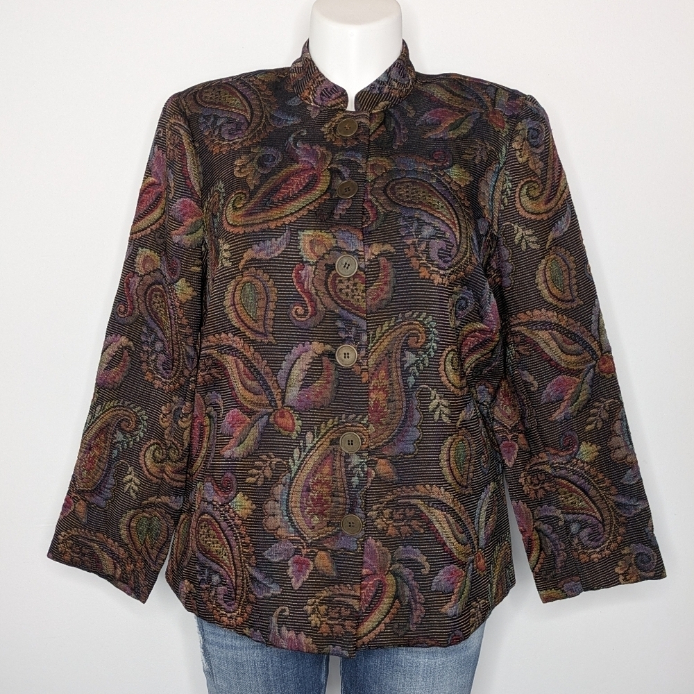 CJ Banks Colorful Paisley Button Up Woven Tapestry Jacket 14W